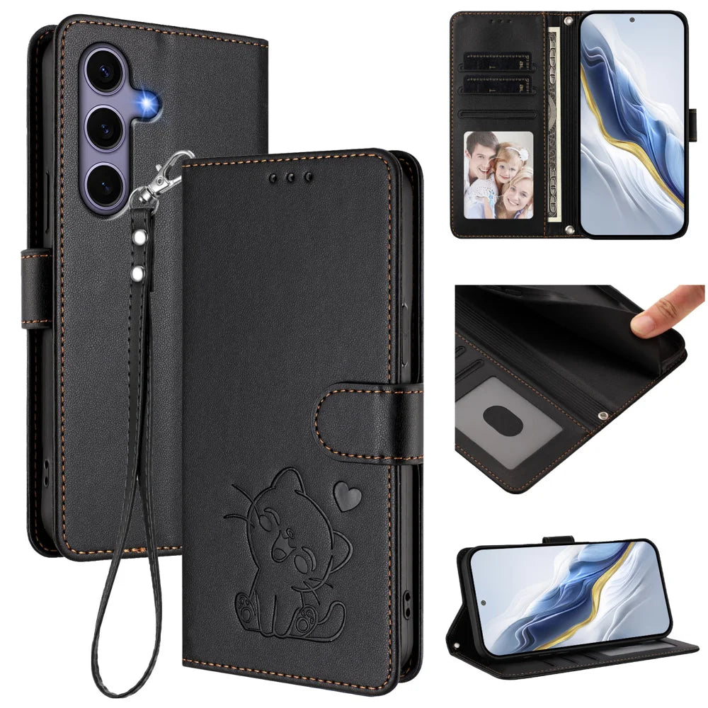 For Samsung Galaxy S24 / Galaxy S25 Wallet Case with Wrist Strap Love Cat Pattern Imprint Leather Phone Cover - Black - 2