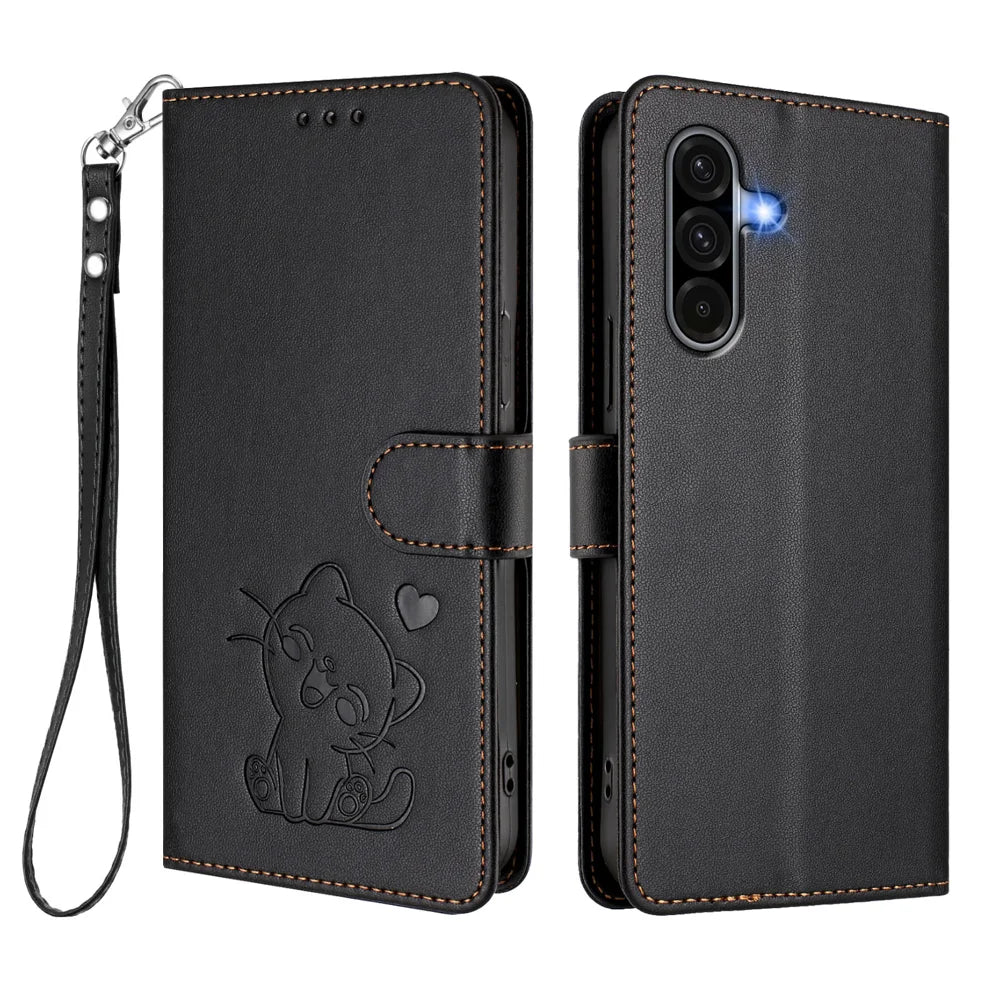 For Samsung Galaxy A37 5G / A56 5G / A36 5G Wallet Case with Wrist Strap Love Cat Pattern Imprint Leather Phone Cover - Black - 1