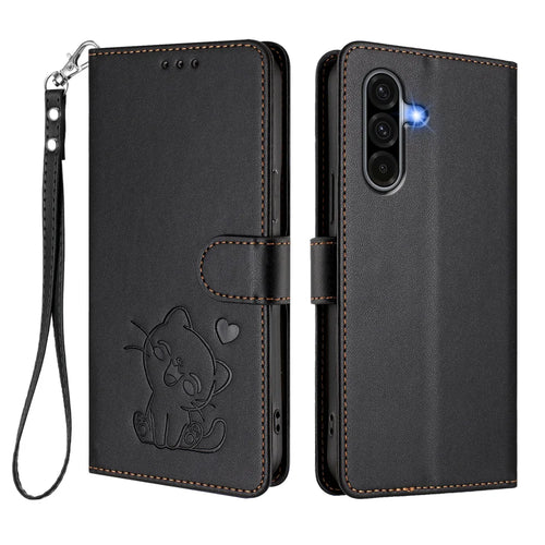 For Samsung Galaxy A37 5G / A56 5G / A36 5G Wallet Case with Wrist Strap Love Cat Pattern Imprint Leather Phone Cover - Black - 1