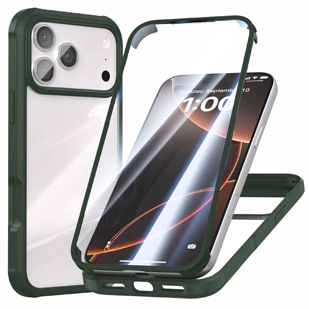 For iPhone 17 Pro Case Double-Sided Tempered Glass + Silicone + TPU Phone Cover - Midnight Green - 1