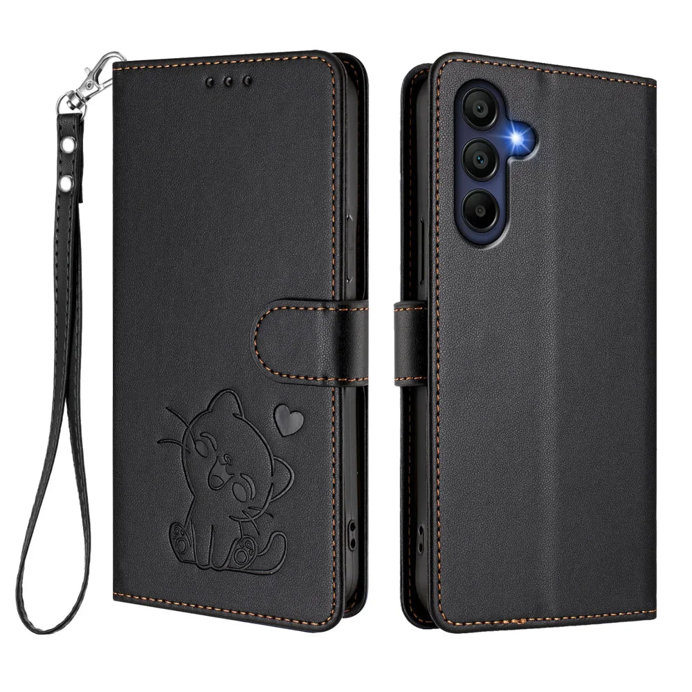 For Samsung Galaxy A16 4G / Galaxy A16 5G Wallet Case with Wrist Strap Love Cat Pattern Imprint Leather Phone Cover - Black - 1