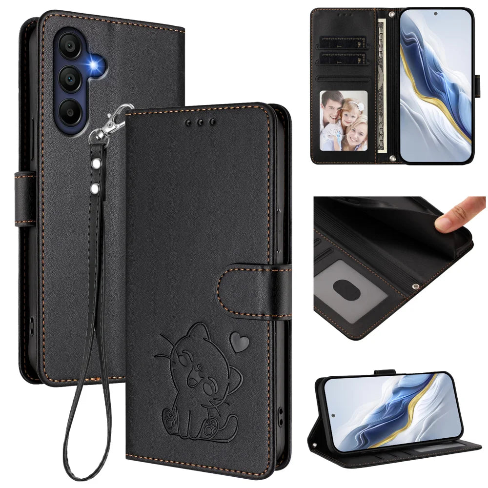 For Samsung Galaxy A16 4G / Galaxy A16 5G Wallet Case with Wrist Strap Love Cat Pattern Imprint Leather Phone Cover - Black - 2