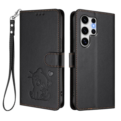 For Samsung Galaxy S25 Ultra Wallet Case with Wrist Strap Love Cat Pattern Imprint Leather Phone Cover - Black - 1