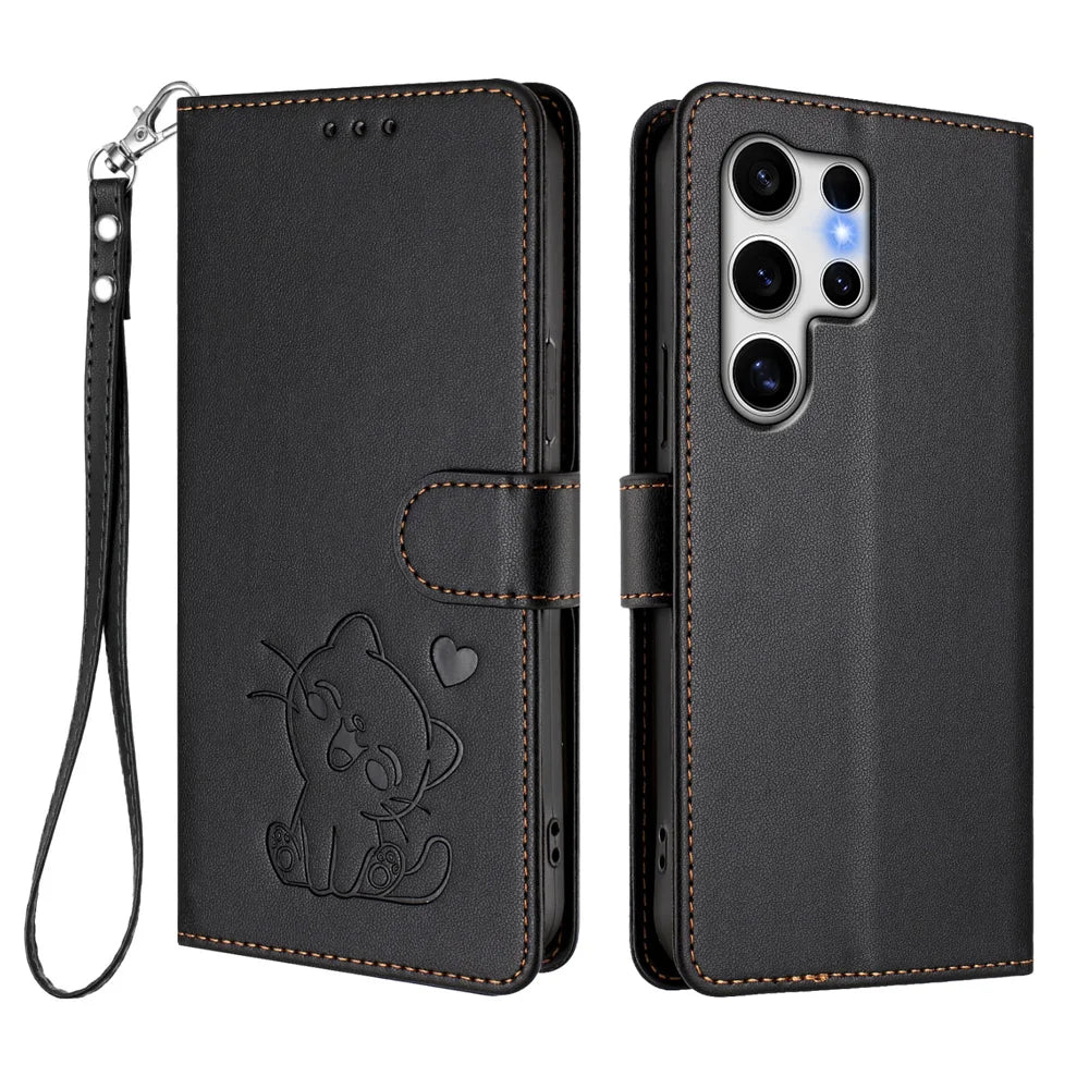 For Samsung Galaxy S25 Ultra Wallet Case with Wrist Strap Love Cat Pattern Imprint Leather Phone Cover - Black - 1