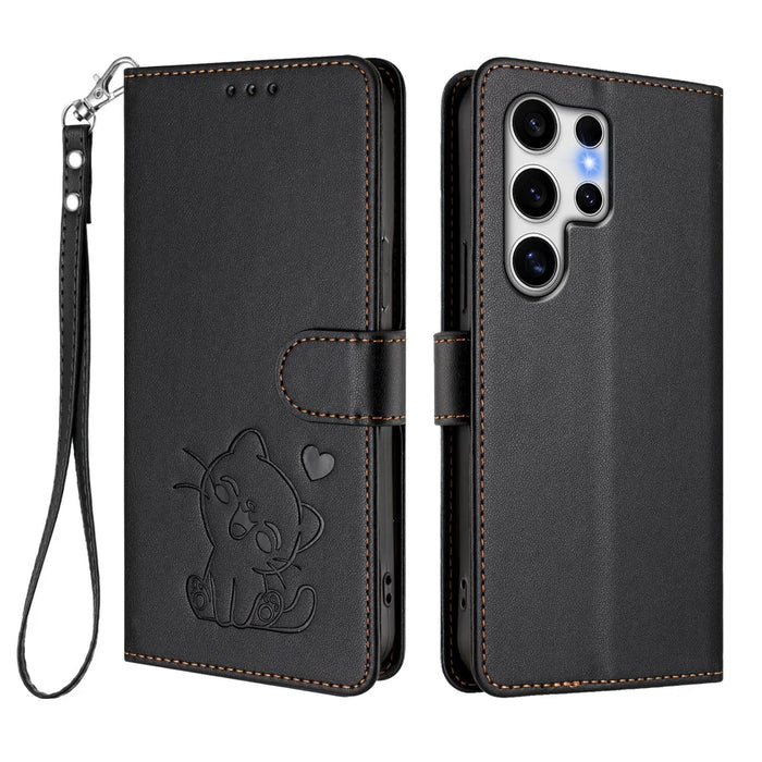 For Samsung Galaxy S25 Ultra Wallet Case with Wrist Strap Love Cat Pattern Imprint Leather Phone Cover - Black - 1