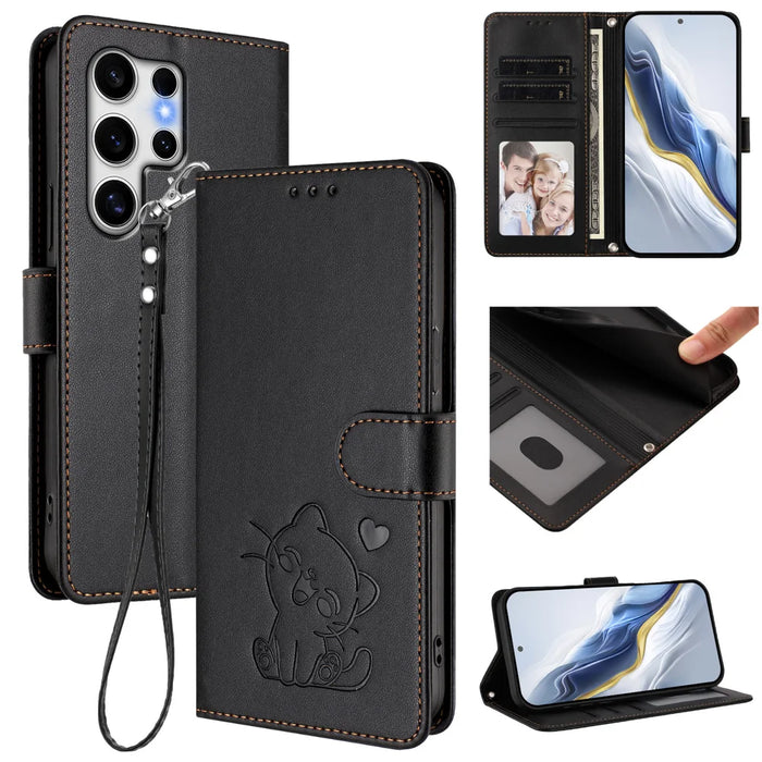 For Samsung Galaxy S25 Ultra Wallet Case with Wrist Strap Love Cat Pattern Imprint Leather Phone Cover - Black - 2