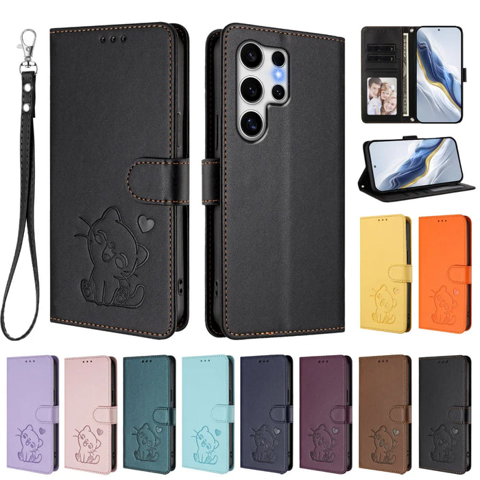 For Samsung Galaxy S25 Ultra Wallet Case with Wrist Strap Love Cat Pattern Imprint Leather Phone Cover - Black - 3