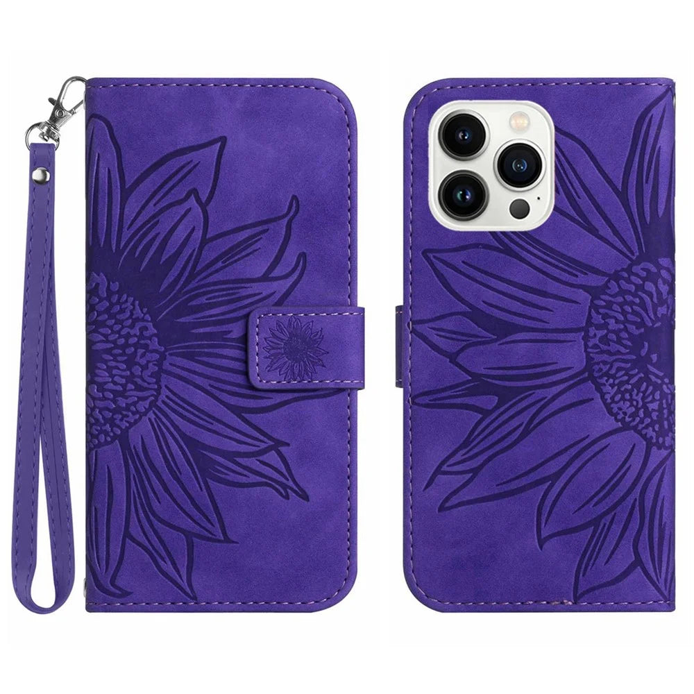 Bump Proof Flip Phone Case for iPhone 14 Pro Max, HT04 Imprinted Sunflower Stand PU Leather Skin-Touch Magnetic Wallet Cover with Strap - Dark Purple - 1