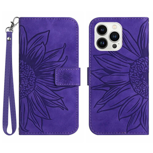 Bump Proof Flip Phone Case for iPhone 14 Pro Max, HT04 Imprinted Sunflower Stand PU Leather Skin-Touch Magnetic Wallet Cover with Strap - Dark Purple - 1