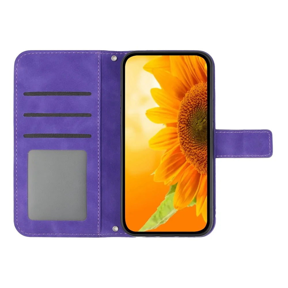 Bump Proof Flip Phone Case for iPhone 14 Pro Max, HT04 Imprinted Sunflower Stand PU Leather Skin-Touch Magnetic Wallet Cover with Strap - Dark Purple - 2