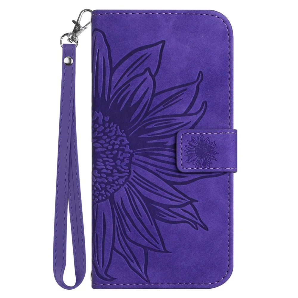 Bump Proof Flip Phone Case for iPhone 14 Pro Max, HT04 Imprinted Sunflower Stand PU Leather Skin-Touch Magnetic Wallet Cover with Strap - Dark Purple - 7