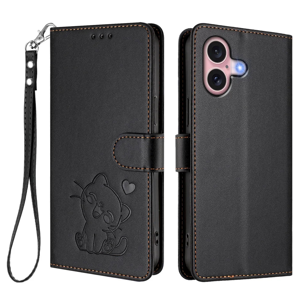 For iPhone 16 Wallet Case with Wrist Strap Love Cat Pattern Imprint Leather Phone Cover - Black - 1