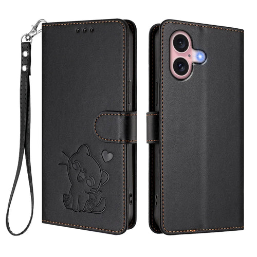 For iPhone 16 Wallet Case with Wrist Strap Love Cat Pattern Imprint Leather Phone Cover - Black - 1