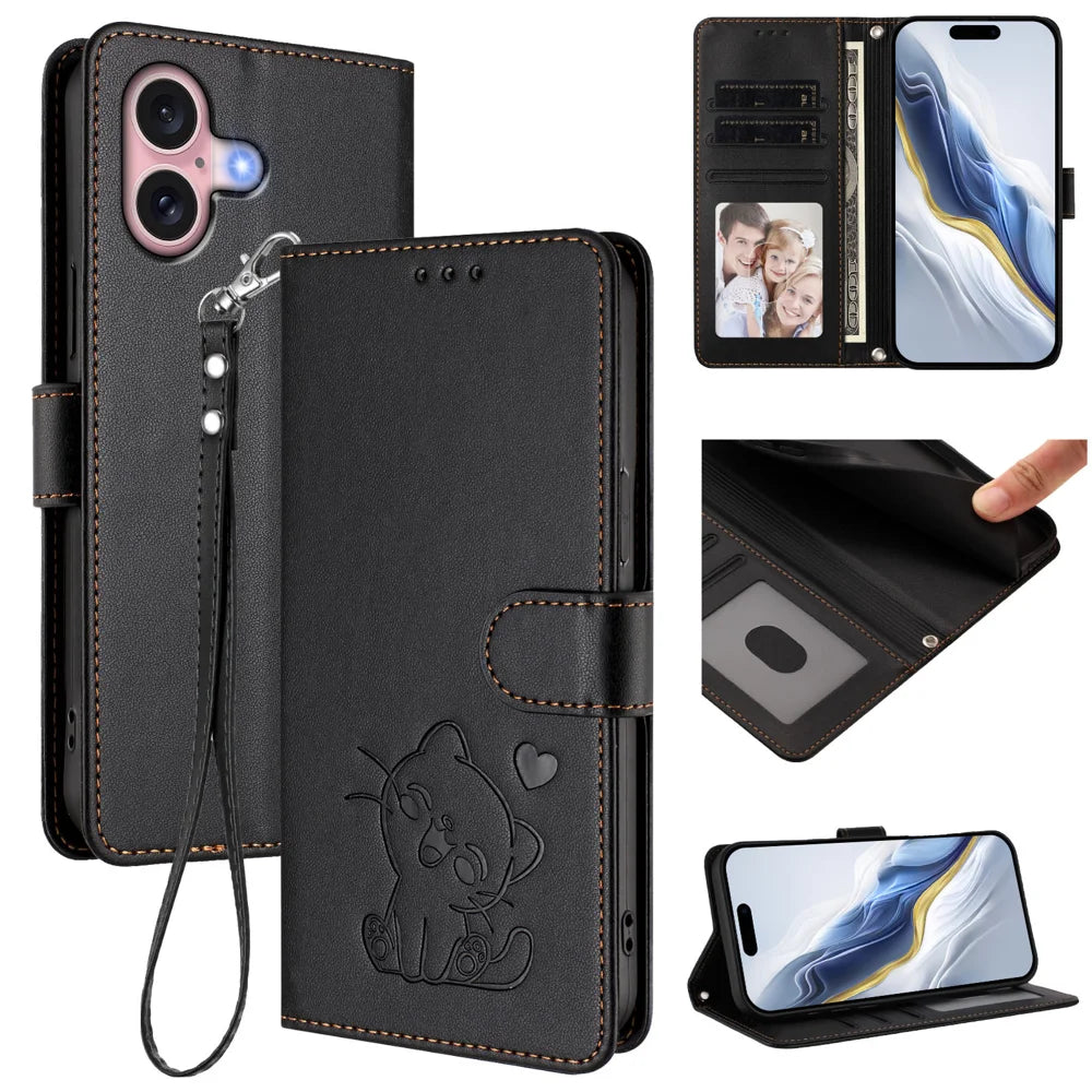 For iPhone 16 Wallet Case with Wrist Strap Love Cat Pattern Imprint Leather Phone Cover - Black - 2