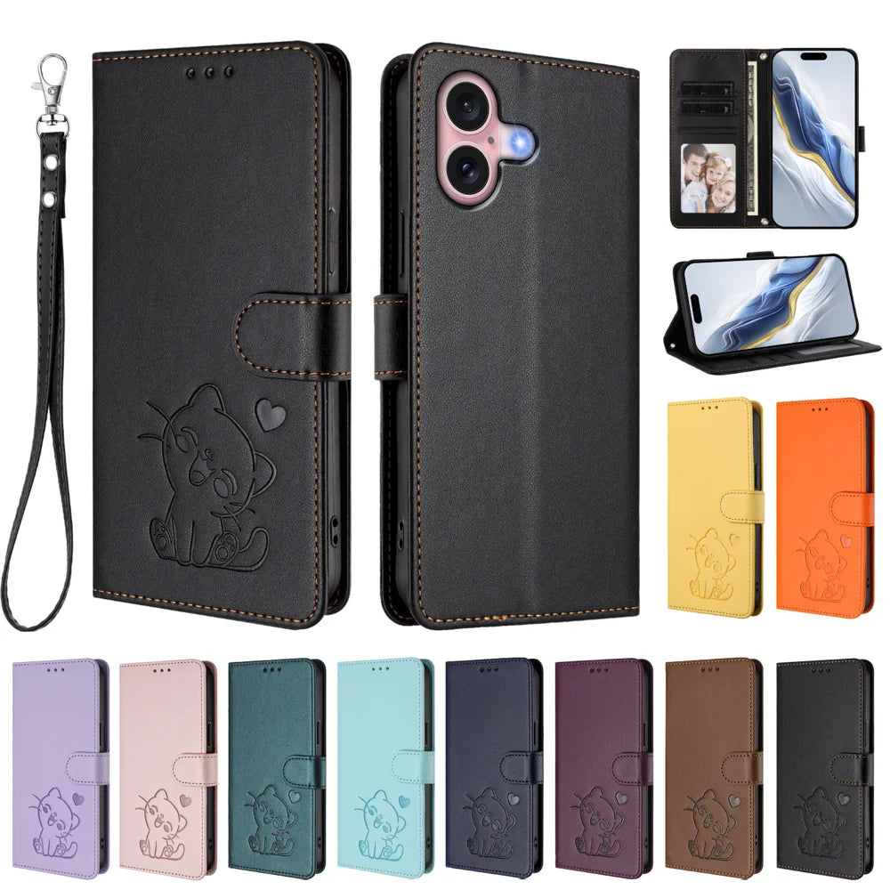 For iPhone 16 Wallet Case with Wrist Strap Love Cat Pattern Imprint Leather Phone Cover - Black - 3