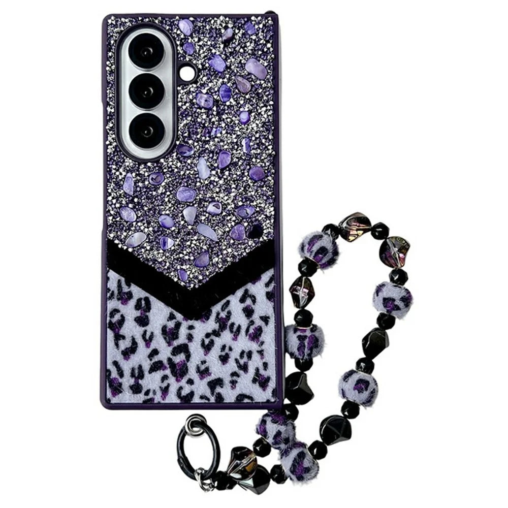 For Samsung Galaxy Z Fold7 5G Case Stone Decor Glitter Leopard Splicing Plush PC Phone Cover with Hand Chain - Purple - 1