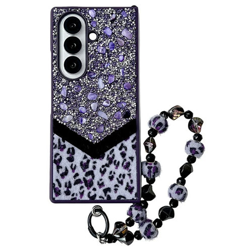 For Samsung Galaxy Z Fold7 5G Case Stone Decor Glitter Leopard Splicing Plush PC Phone Cover with Hand Chain - Purple - 1