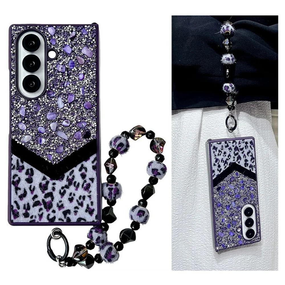 For Samsung Galaxy Z Fold7 5G Case Stone Decor Glitter Leopard Splicing Plush PC Phone Cover with Hand Chain - Purple - 2