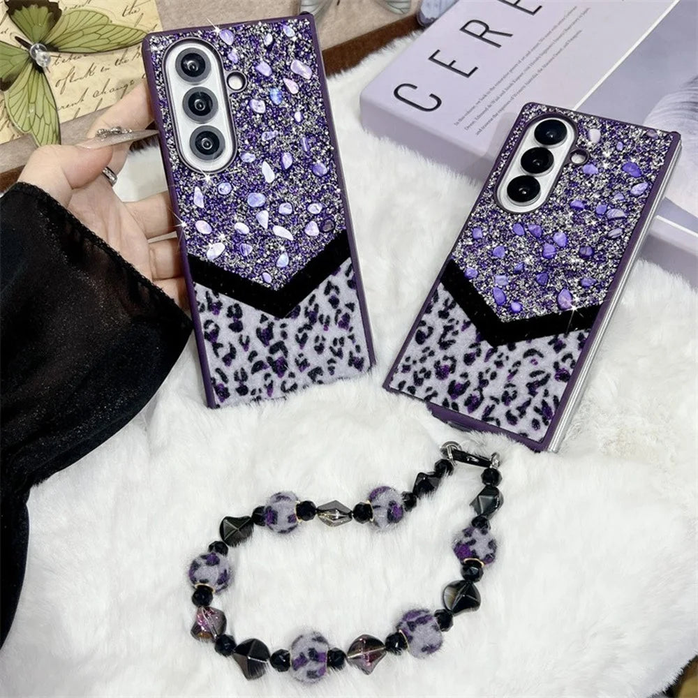 For Samsung Galaxy Z Fold7 5G Case Stone Decor Glitter Leopard Splicing Plush PC Phone Cover with Hand Chain - Purple - 3