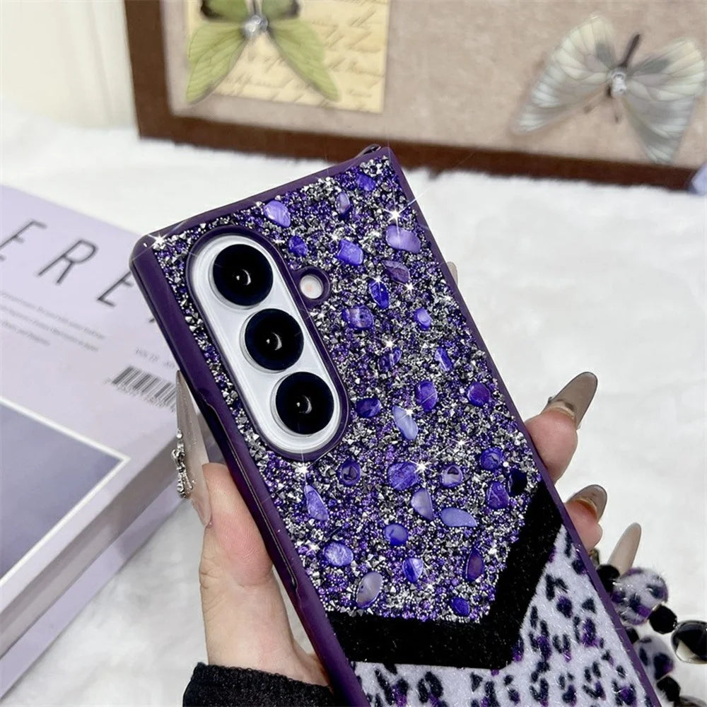 For Samsung Galaxy Z Fold7 5G Case Stone Decor Glitter Leopard Splicing Plush PC Phone Cover with Hand Chain - Purple - 4