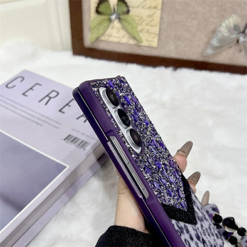 For Samsung Galaxy Z Fold7 5G Case Stone Decor Glitter Leopard Splicing Plush PC Phone Cover with Hand Chain - Purple - 5