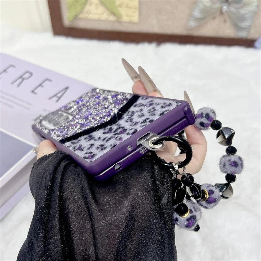 For Samsung Galaxy Z Fold7 5G Case Stone Decor Glitter Leopard Splicing Plush PC Phone Cover with Hand Chain - Purple - 6