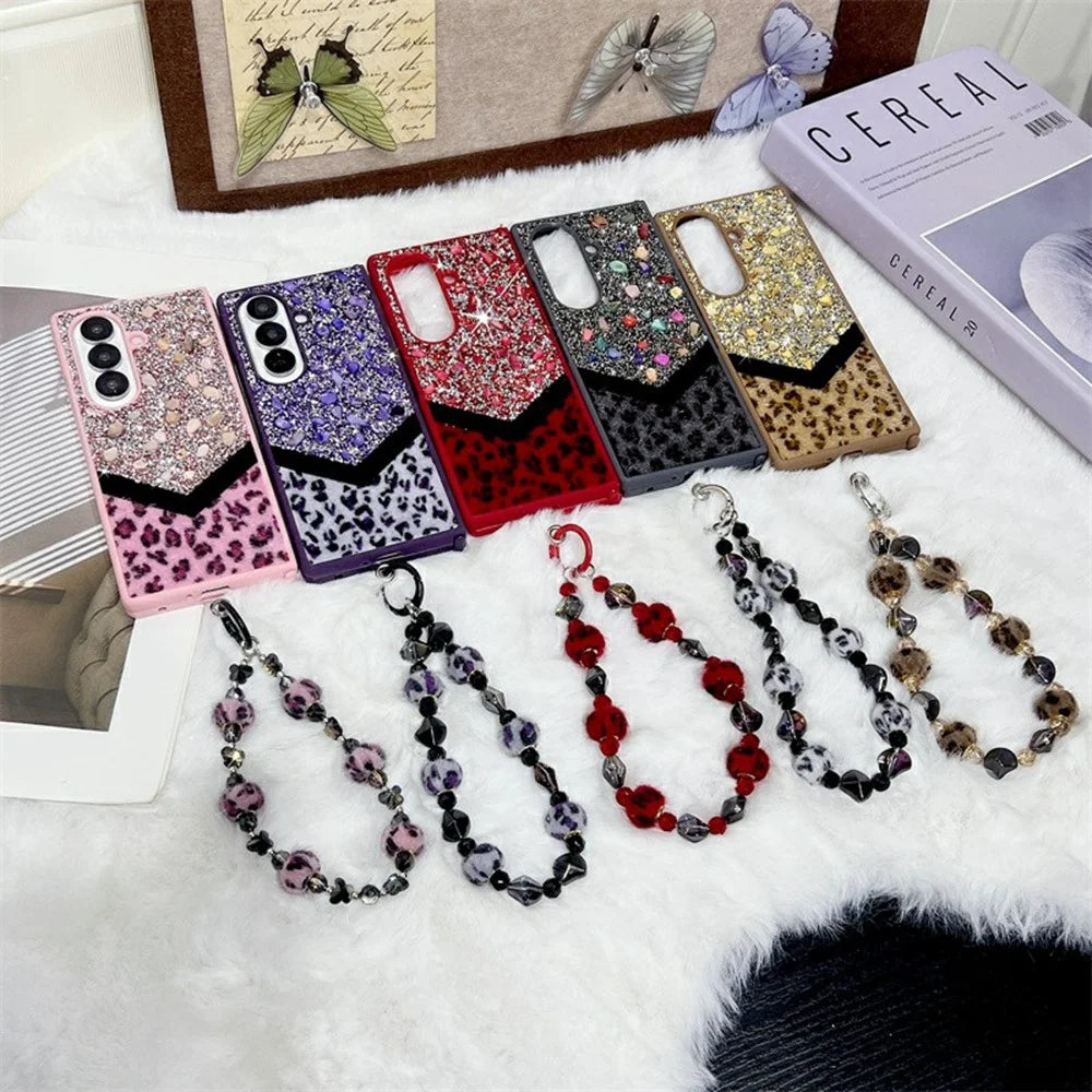 For Samsung Galaxy Z Fold7 5G Case Stone Decor Glitter Leopard Splicing Plush PC Phone Cover with Hand Chain - Purple - 7