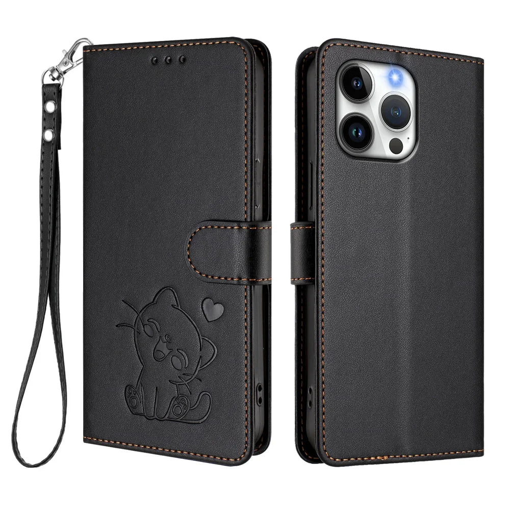 For iPhone 16 Pro Wallet Case with Wrist Strap Love Cat Pattern Imprint Leather Phone Cover - Black - 1