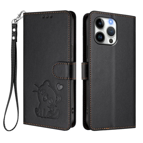 For iPhone 16 Pro Wallet Case with Wrist Strap Love Cat Pattern Imprint Leather Phone Cover - Black - 1