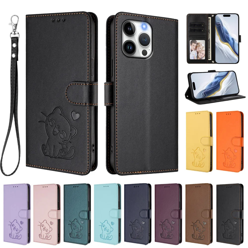 For iPhone 16 Pro Wallet Case with Wrist Strap Love Cat Pattern Imprint Leather Phone Cover - Black - 3