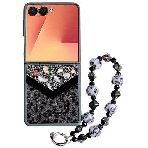 For Samsung Galaxy Z Flip7 5G Case Stone Decor Glitter Leopard Splicing Plush PC Phone Cover with Hand Chain - Grey - 1