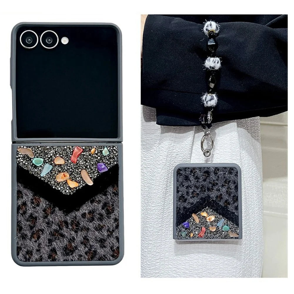 For Samsung Galaxy Z Flip7 5G Case Stone Decor Glitter Leopard Splicing Plush PC Phone Cover with Hand Chain - Grey - 2