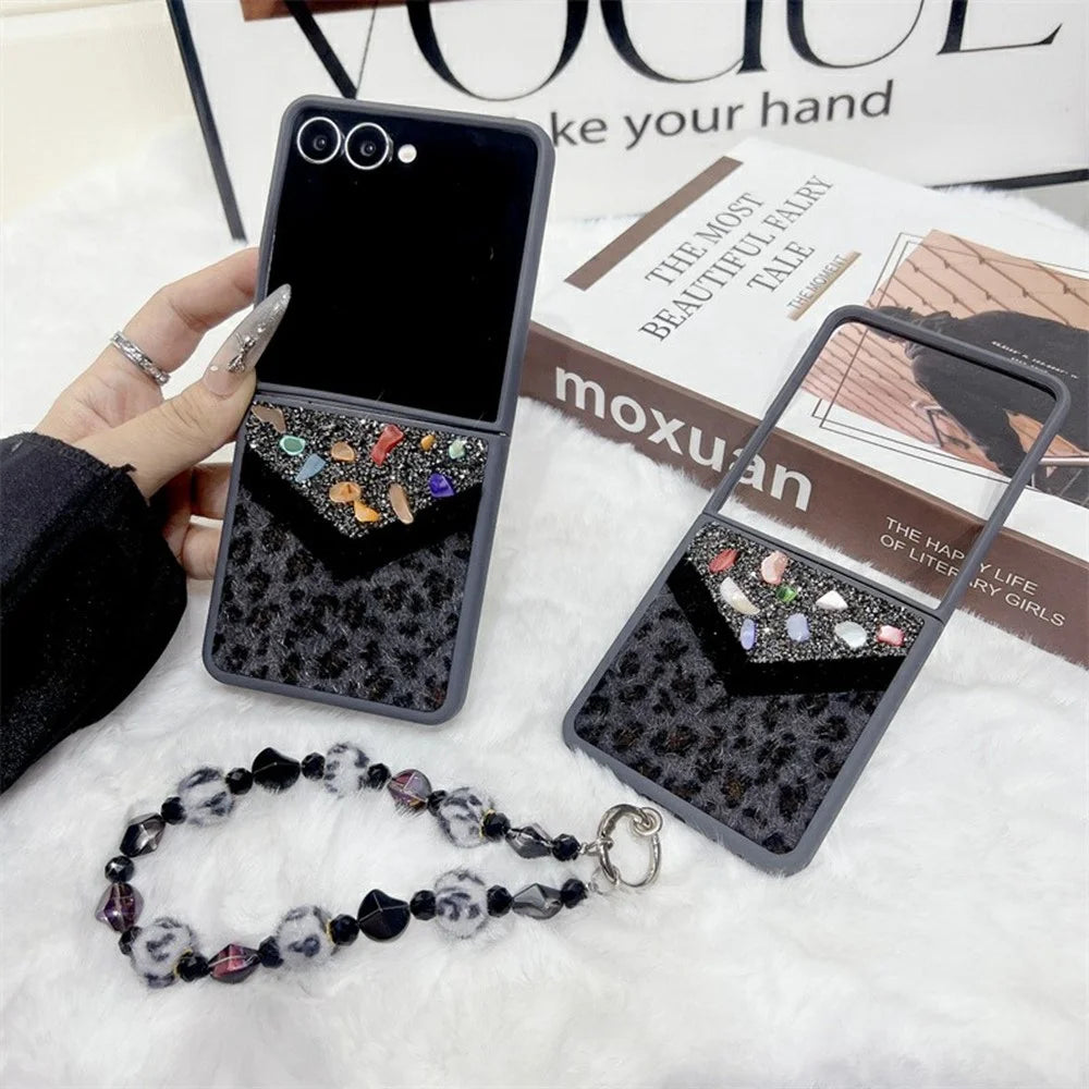 For Samsung Galaxy Z Flip7 5G Case Stone Decor Glitter Leopard Splicing Plush PC Phone Cover with Hand Chain - Grey - 3