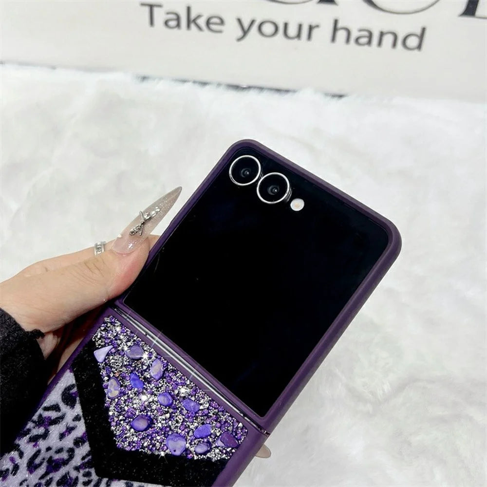 For Samsung Galaxy Z Flip7 5G Case Stone Decor Glitter Leopard Splicing Plush PC Phone Cover with Hand Chain - Grey - 4