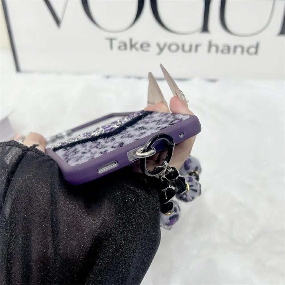 For Samsung Galaxy Z Flip7 5G Case Stone Decor Glitter Leopard Splicing Plush PC Phone Cover with Hand Chain - Grey - 6