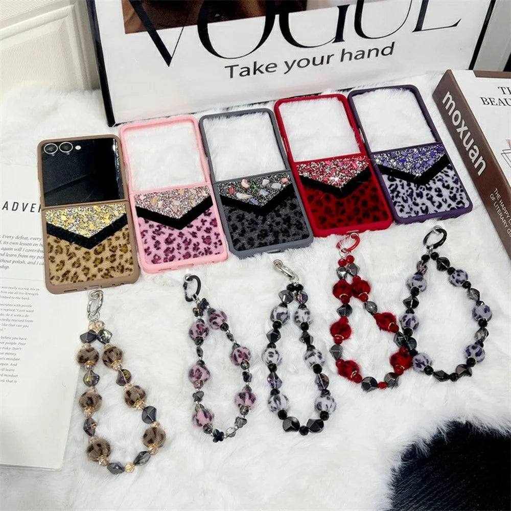 For Samsung Galaxy Z Flip7 5G Case Stone Decor Glitter Leopard Splicing Plush PC Phone Cover with Hand Chain - Grey - 7