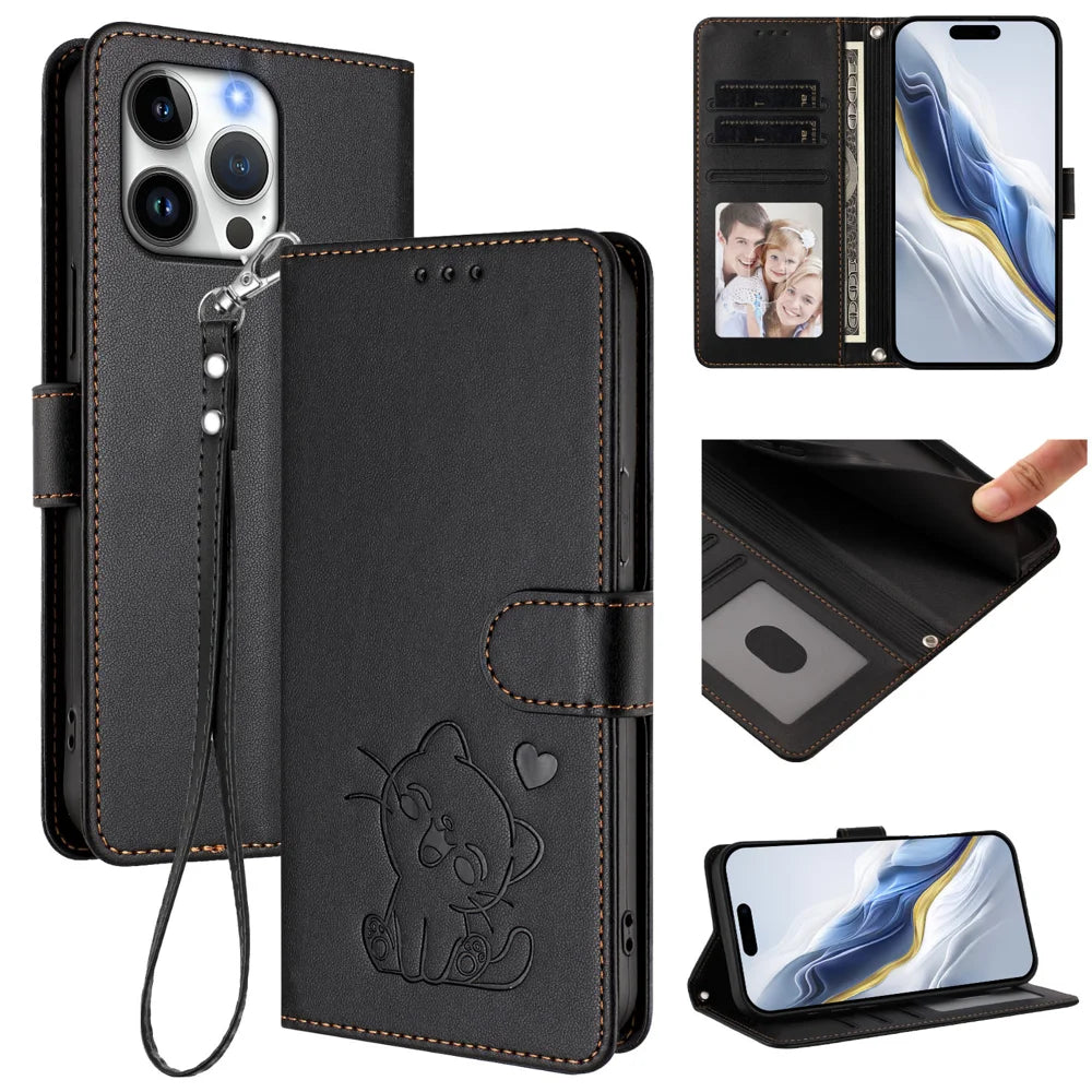 For iPhone 16 Pro Max Wallet Case with Wrist Strap Love Cat Pattern Imprint Leather Phone Cover - Black - 2