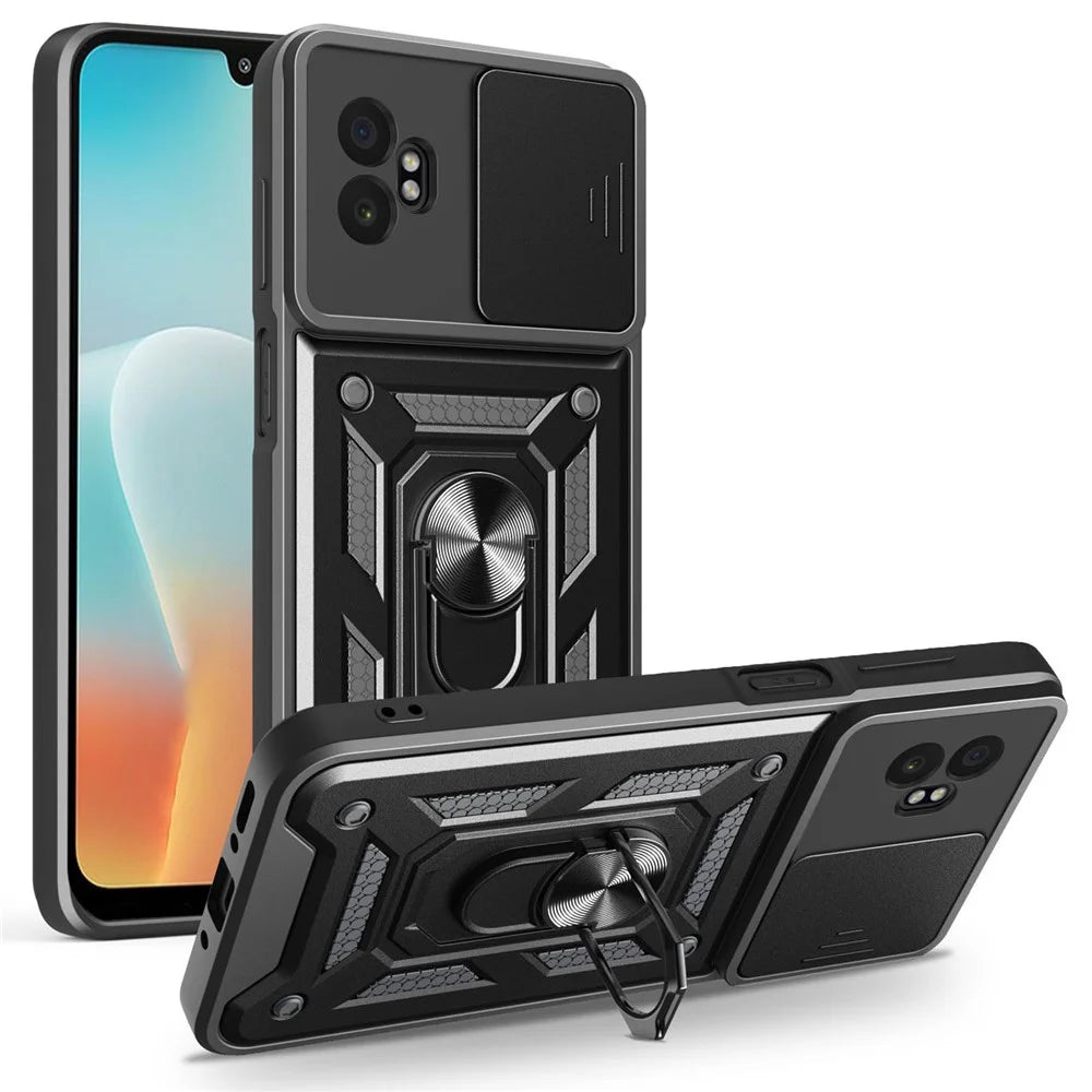 AMORUS For Samsung Galaxy XCover7 Pro Case Kickstand PC + TPU Phone Cover with Camera Lens Slider - Black - 1