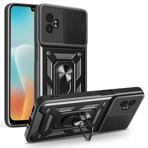 AMORUS For Samsung Galaxy XCover7 Pro Case Kickstand PC + TPU Phone Cover with Camera Lens Slider - Black - 1