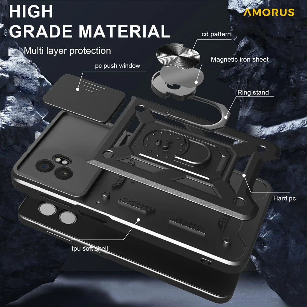 AMORUS For Samsung Galaxy XCover7 Pro Case Kickstand PC + TPU Phone Cover with Camera Lens Slider - Black - 4