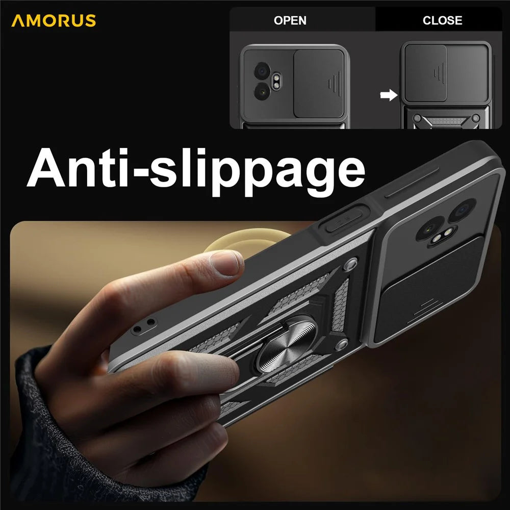 AMORUS For Samsung Galaxy XCover7 Pro Case Kickstand PC + TPU Phone Cover with Camera Lens Slider - Black - 7
