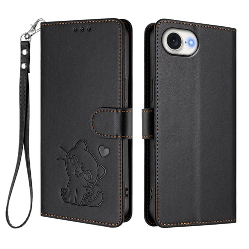 For iPhone 17e / 16e Wallet Case with Wrist Strap Love Cat Pattern Imprint Leather Phone Cover - Black - 1