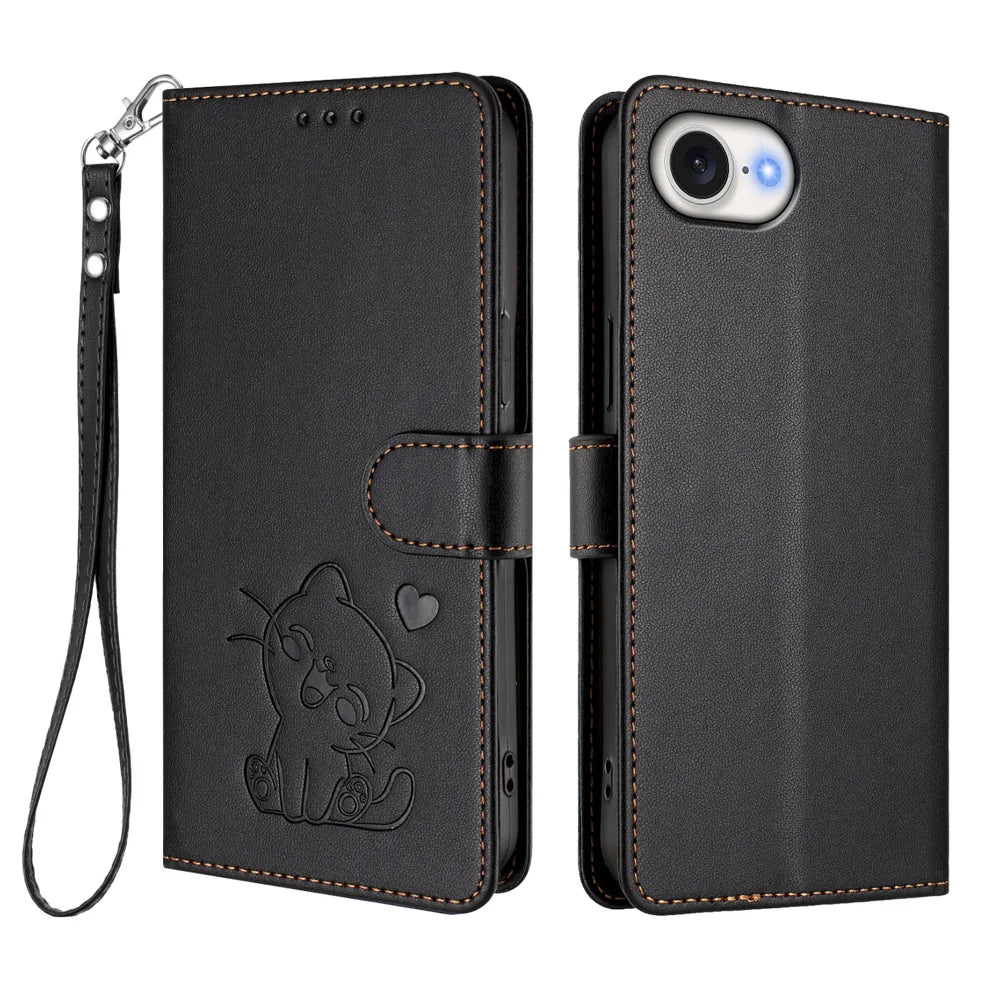 For iPhone 17e / 16e Wallet Case with Wrist Strap Love Cat Pattern Imprint Leather Phone Cover - Black - 1