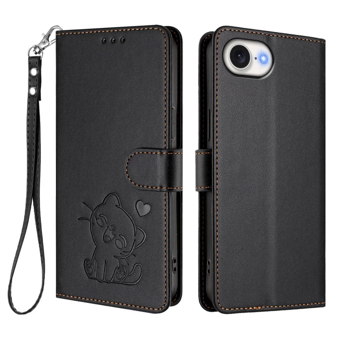 For iPhone 17e / 16e Wallet Case with Wrist Strap Love Cat Pattern Imprint Leather Phone Cover - Black - 1