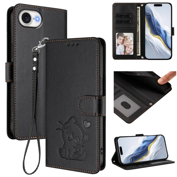 For iPhone 17e / 16e Wallet Case with Wrist Strap Love Cat Pattern Imprint Leather Phone Cover - Black - 2