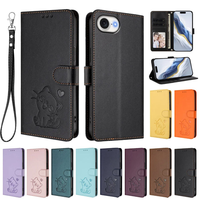 For iPhone 17e / 16e Wallet Case with Wrist Strap Love Cat Pattern Imprint Leather Phone Cover - Black - 3
