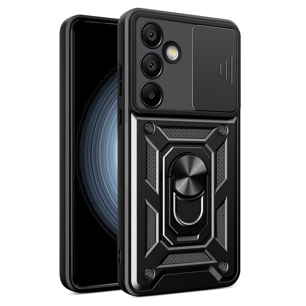 AMORUS For Samsung Galaxy S24 FE Case Kickstand PC + TPU Phone Cover with Camera Lens Slider - Black - 1