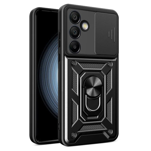 AMORUS For Samsung Galaxy S24 FE Case Kickstand PC + TPU Phone Cover with Camera Lens Slider - Black - 1