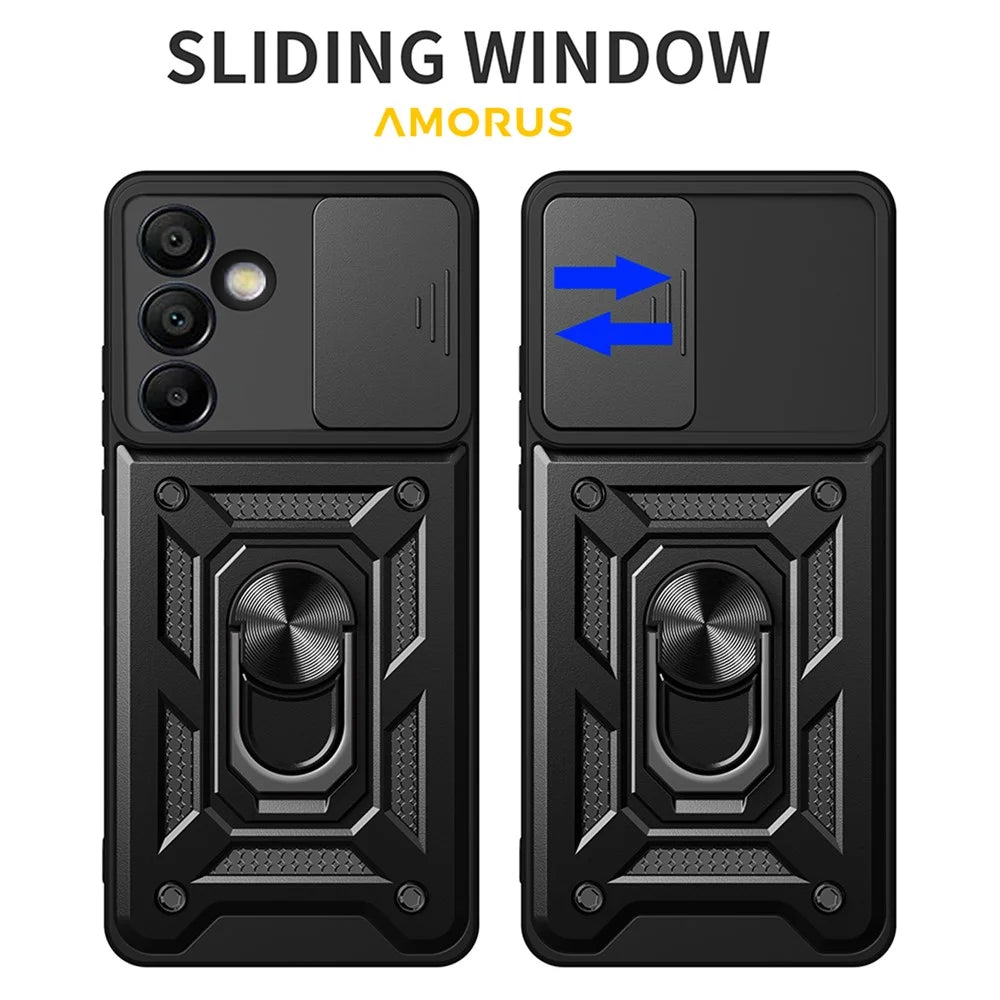 AMORUS For Samsung Galaxy S24 FE Case Kickstand PC + TPU Phone Cover with Camera Lens Slider - Black - 2