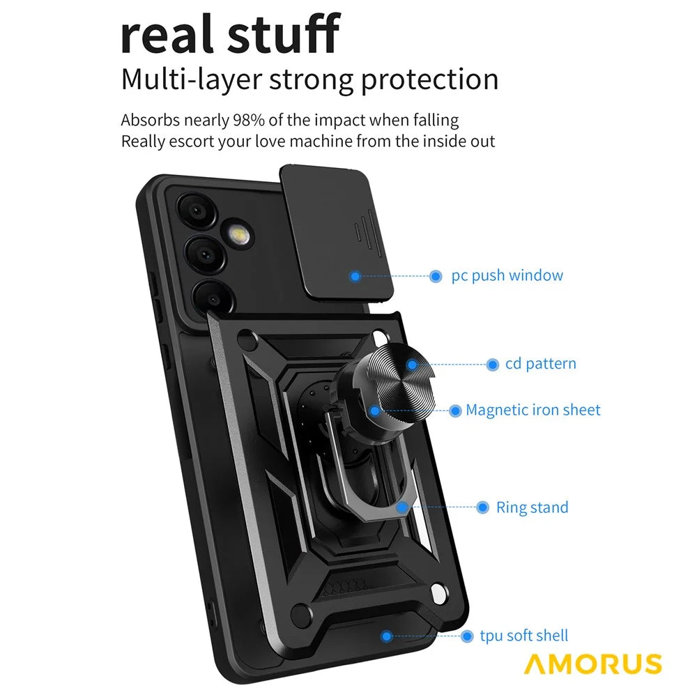 AMORUS For Samsung Galaxy S24 FE Case Kickstand PC + TPU Phone Cover with Camera Lens Slider - Black - 3